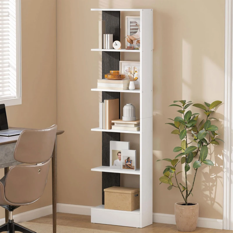 HOMCOM Bibliotecă Modernă Economisitoare de Spațiu cu 5 Rafturi din Lemn 45x21x170 cm, Alb și Negru