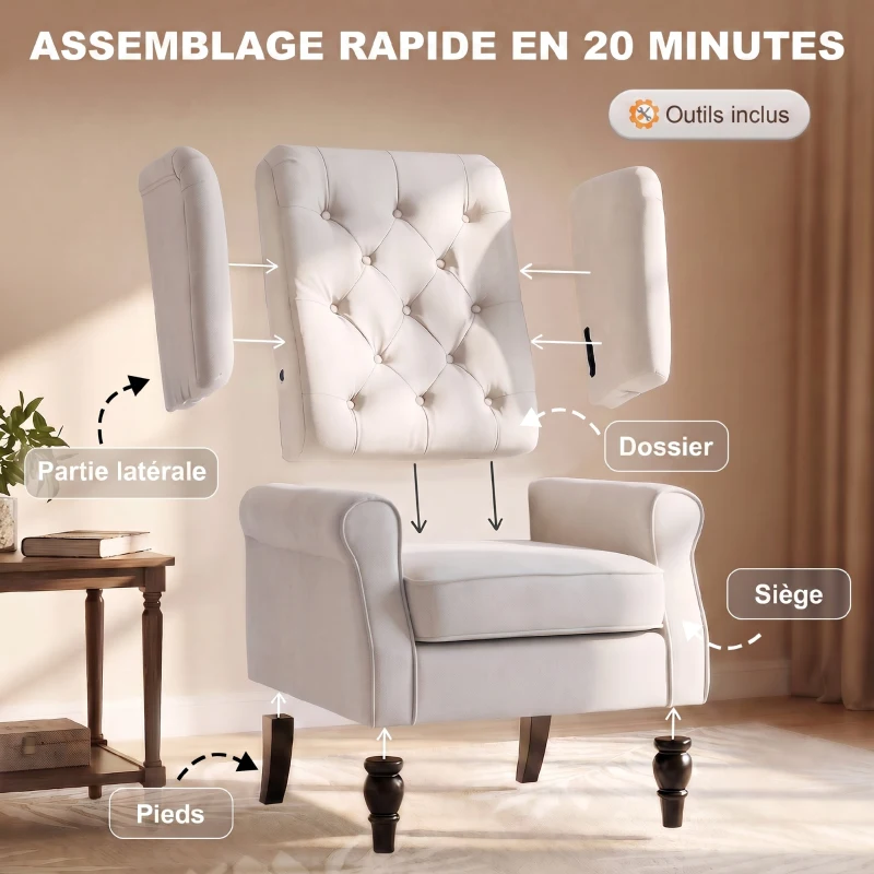 HOMCOM Fauteuil de Salon, Fauteuil d'Appoint Mi-Siècle Moderne en Flanelle Neige avec Haut Dossier Capitonné à Oreilles, Crème(m-7)
