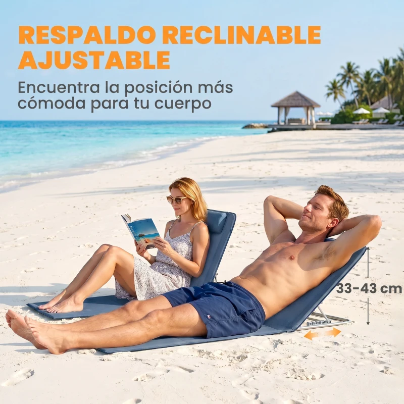 Outsunny Conjunto de 2 Esterillas con Respaldo Reclinable en 5 Niveles Reposacabezas y Bolsa de Transporte 134x48x33-43 cm Gris