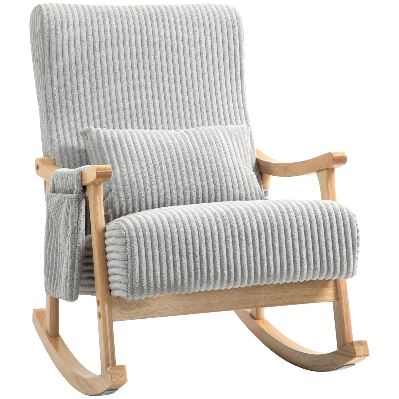 HOMCOM Poltrona Baloiço Moderna em Veludo Cotelê com Apoio para os Braços Almofada Lombar e Bolso Poltrona de Amamentação 65x90x98 cm Cinza