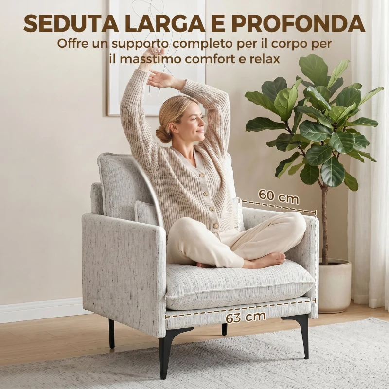 HOMCOM Poltrona da Salotto Imbottita in Tessuto Effetto Lino con Cuscino Lombare, Bianco