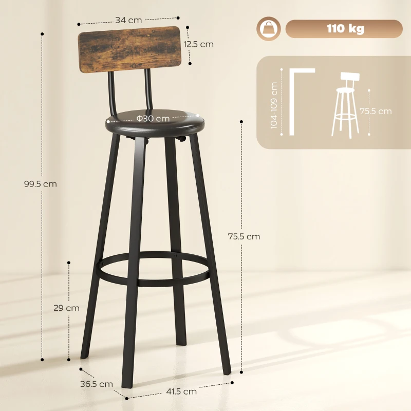 HOMCOM Set 2 Scaune de Bar în Stil Industrial cu Spătar, Șezut din Piele Ecologică și Suport pentru Picioare, Maro Rustic