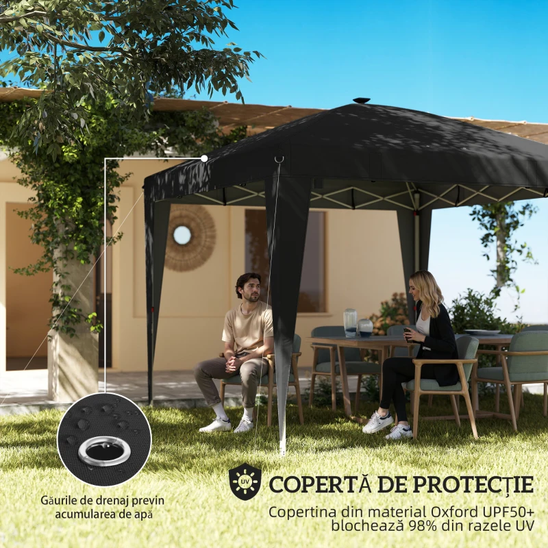 Outsunny Pavilion pliabil 3x3 m, înălțime reglabilă, cu lumină centrală și telecomandă, din metal și poliester, negru