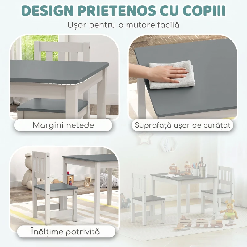 AIYAPLAY Set masă și scaune pentru copii de 3-8 ani, 3 piese din lemn cu margini rotunjite, gri și alb