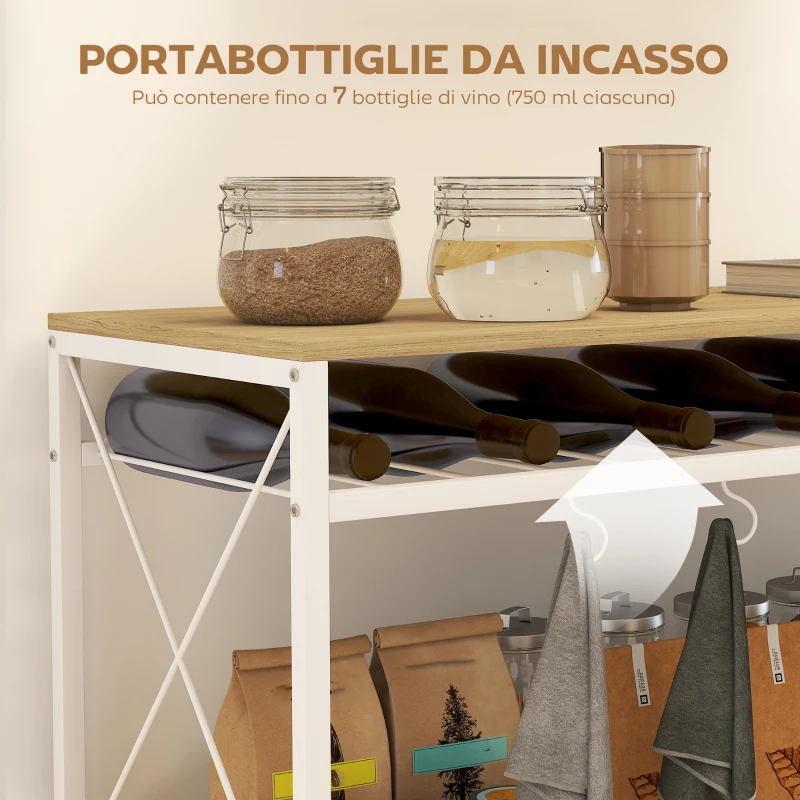 HOMCOM Carrello Portavivande a 4 Livelli con Portabottiglie e 5 Ganci Rimovibili, in Legno e Metallo, 96.5x38x96.7 cm