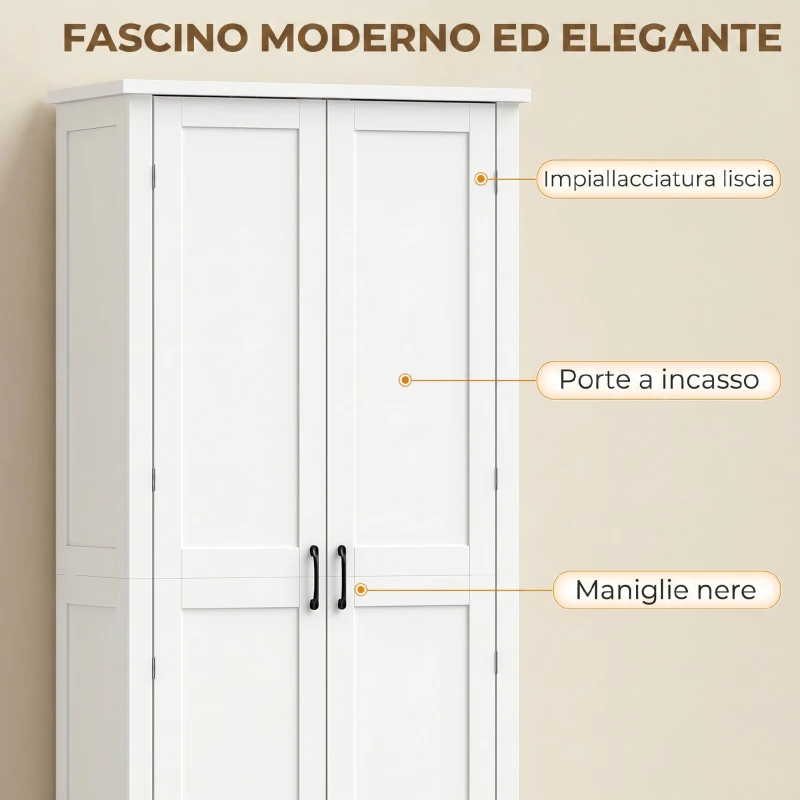 HOMCOM Mobile Cucina Alto con Ruote, 2 Ante, 14 Scomparti, 80x40x180 cm, Bianco