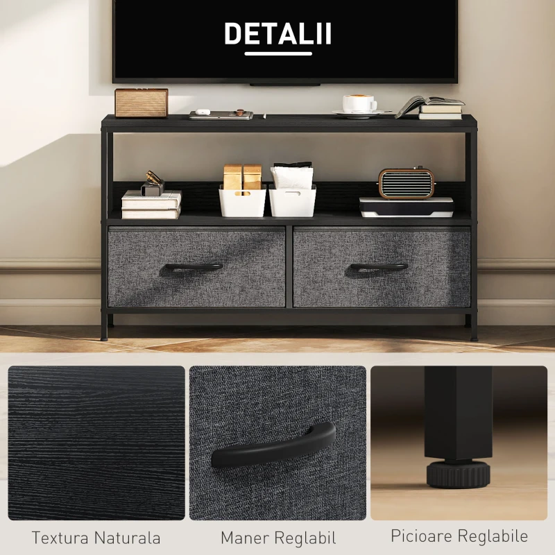 HOMCOM Mobilier TV pentru 47" cu Sertare Pliabile din Material Textil și Raft din Metal și MDF, 98x29x56 cm, Negru