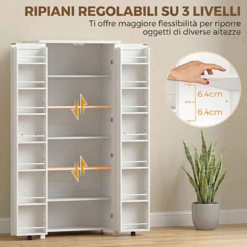 HOMCOM Mobile Cucina Alto con Ruote, 2 Ante, 14 Scomparti, 80x40x180 cm, Bianco
