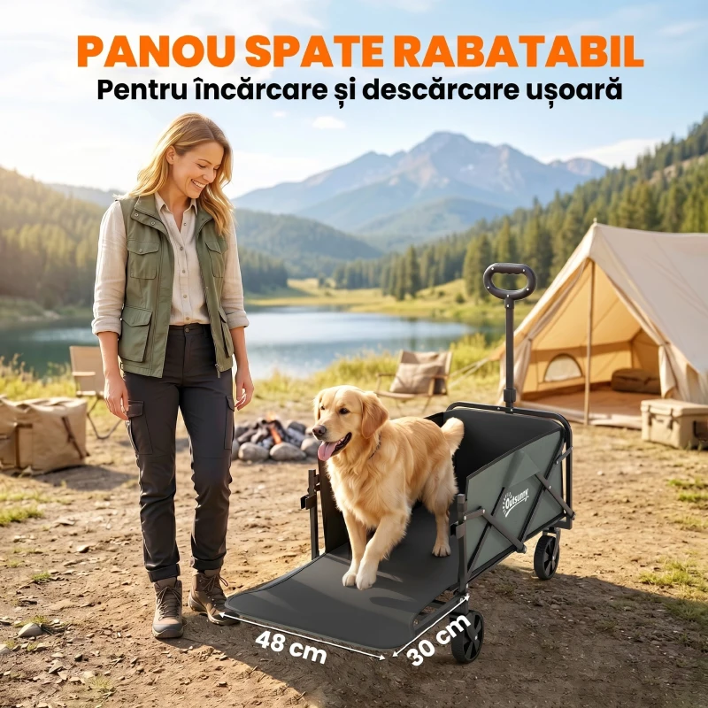 Outsunny Cărucior de Grădină Pliabil 72L cu Panou Rabatabil, din Oțel și Poliester, 76x48x65-92 cm, Verde