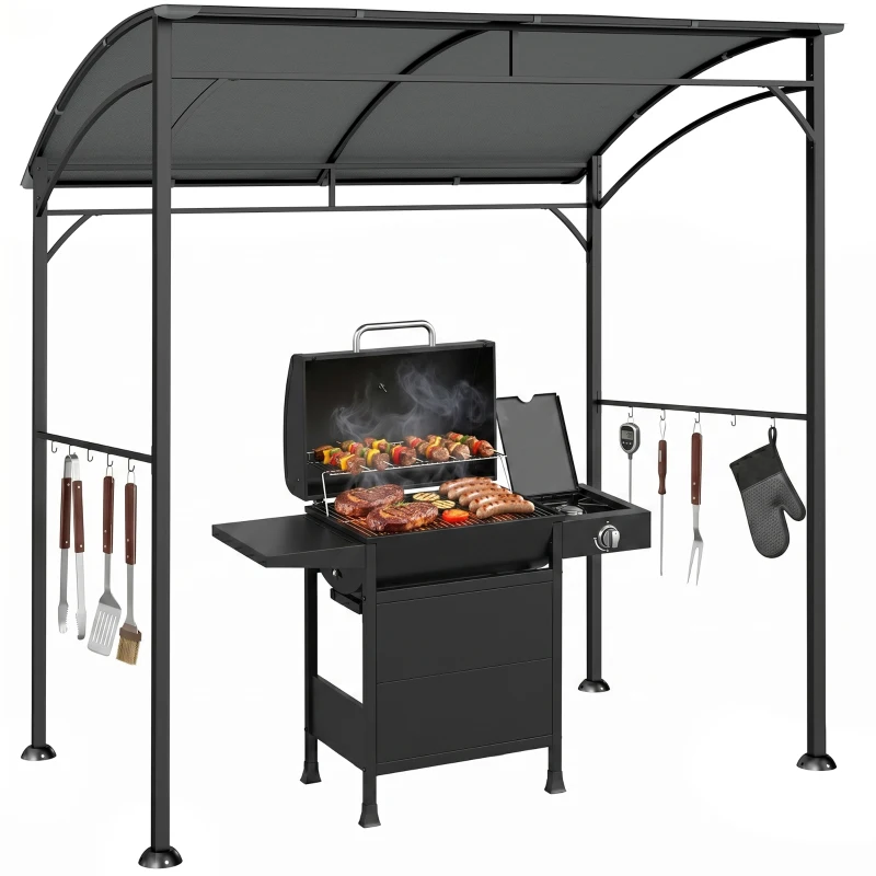 Outsunny Grillpavillon, Grillüberdachung, Regenschutz, Haken für Utensilien, Stahlrahmen, Dunkelgrau, 215 x 150 x 182/220 cm