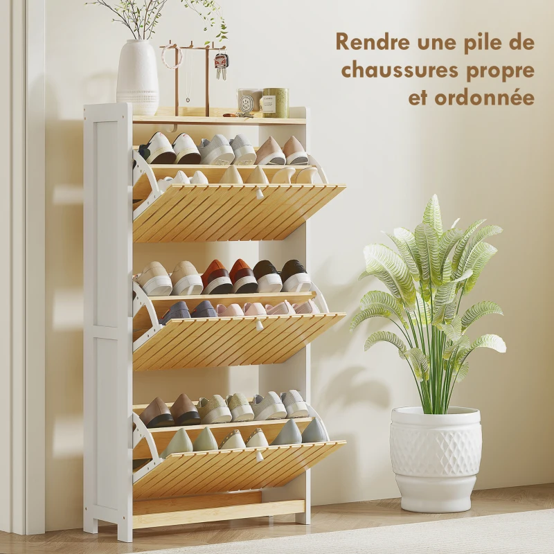 HOMCOM Meuble à chaussures 18 paires avec 3 tiroirs rabattables, portes en bambou à lattes, 60x24x118cm, blanc et bois naturel