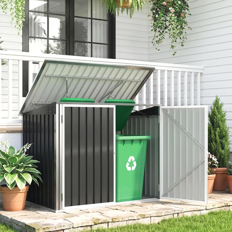 Outsunny Cache Poubelle Double Abri de Jardin 2 Poubelles de 240L Couvercle Lié par Chaînes Vérins à Gaz 179,5x108x129,5cm Gris