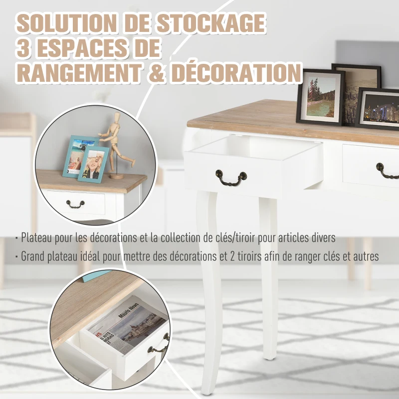 HOMCOM Table Console Table d'entrée Bout de Canapé Style Mexicain 2 tiroirs dim. 87L x 34l x 78H cm MDF Bois Massif pin Clair Blanc