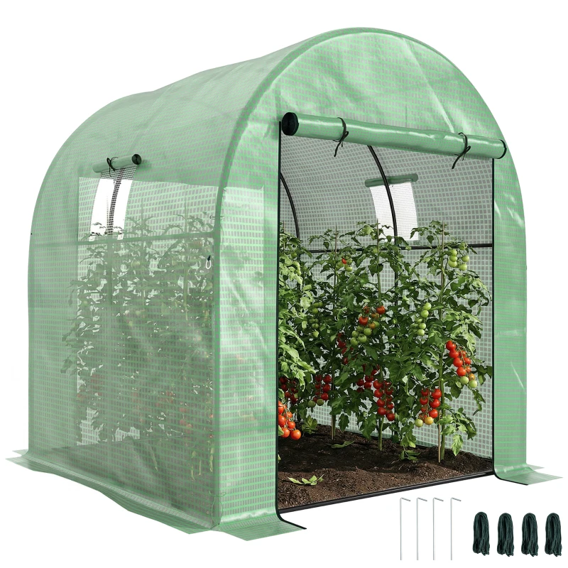Outsunny Seră Tip Tunel din Polietilenă Cu Uși și Ferestre din Plasă, Cort cu Capac din PE și Cadru de Oțel, Verde 1,8x1,8x2 m