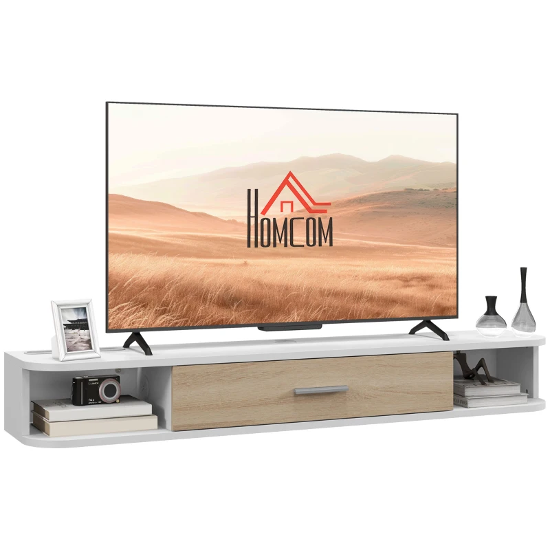 HOMCOM，Suport TV，Cu 2 Rafturi Deschise și Dulap cu Ușă Rabatabilă，MDF，120cm x 26cm x 16cm，Alb, gri