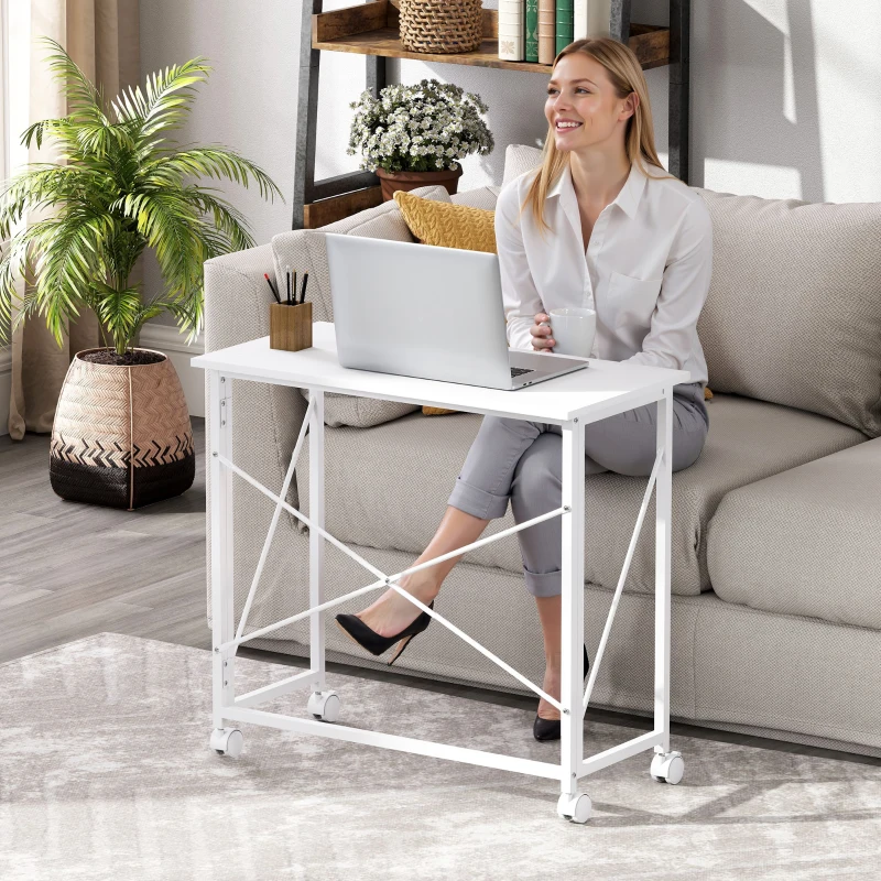 HOMCOM Bureau pliant table d'ordinateur 80 x 40 cm sur roulettes pour bureau à domicile, chambre, petits espaces, blanc