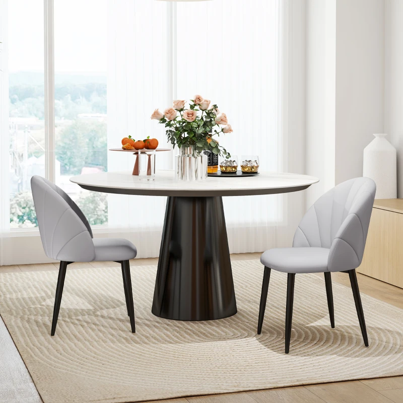 HOMCOM Set 2 Sedie da Pranzo in Pelle PU con Gambe in Metallo e Schienale a Conchiglia, Grigio Chiaro