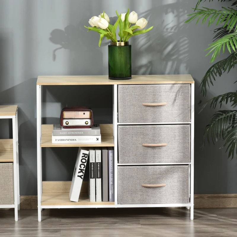 HOMCOM Cómoda de Estilo Industrial com Gavetas de Tecido Dobráveis e 2 Prateleiras 80x29x71 cm Madeira e Cinza Claro