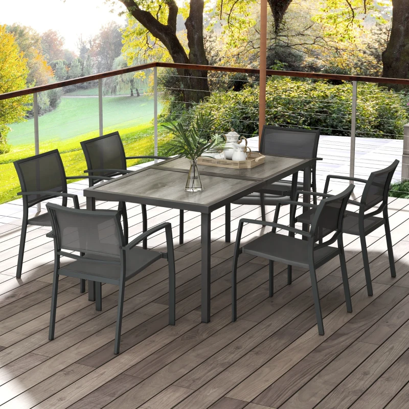 Outsunny Set de Grădină cu 6 Scaune Stivuibile din Material Textil de Plasă și Masă cu Aspect de Lemn, Gri