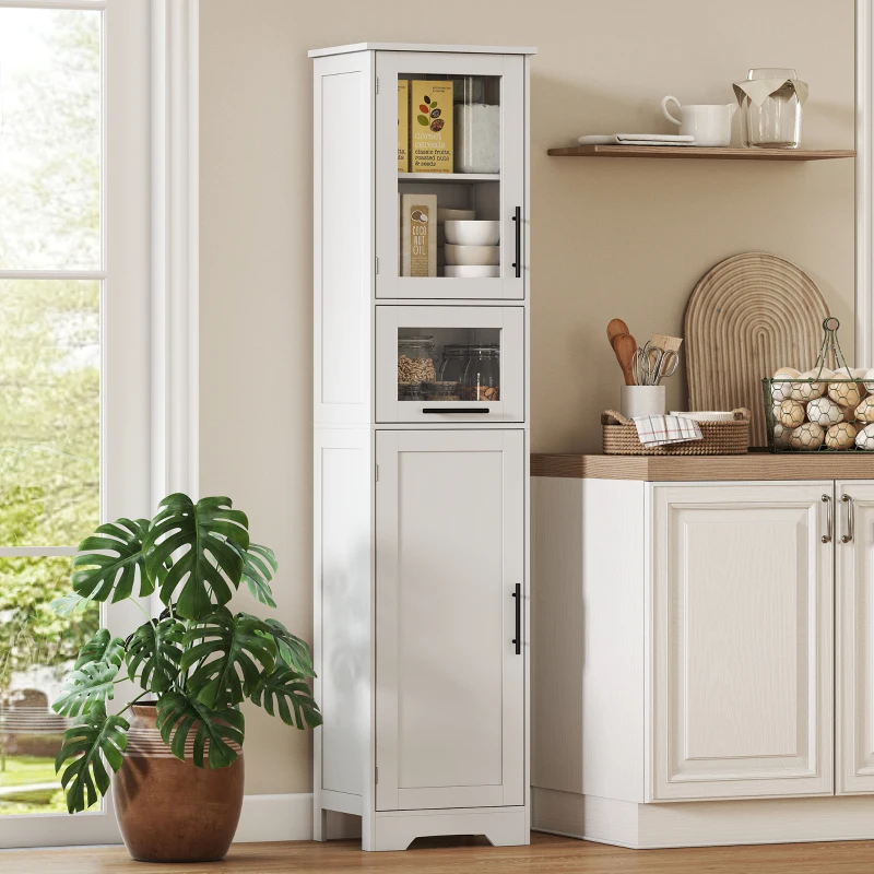 HOMCOM Coluna Casa de Banho com Porta de Vidro Prateleiras Ajustáveis Gaveta para Espaços Pequenos 40x31x170 cm Branco
