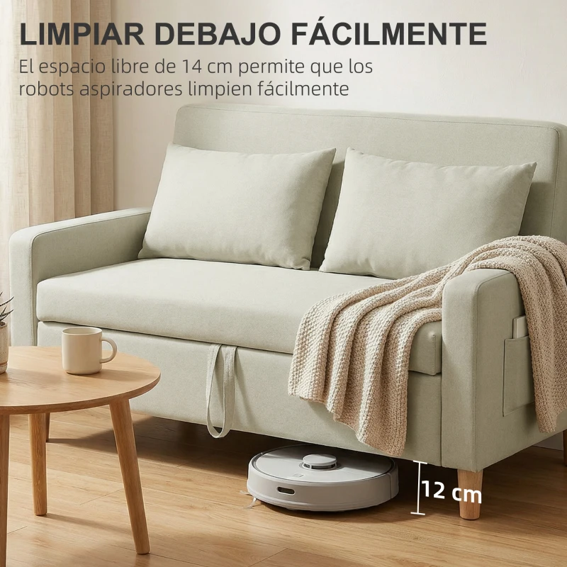 HOMCOM Sofá de 2 Plazas Tapizado en Lino Sintético con Espacio de Almacenaje 2 Almohadas y Patas de Madera 135x71x84 cm Beige