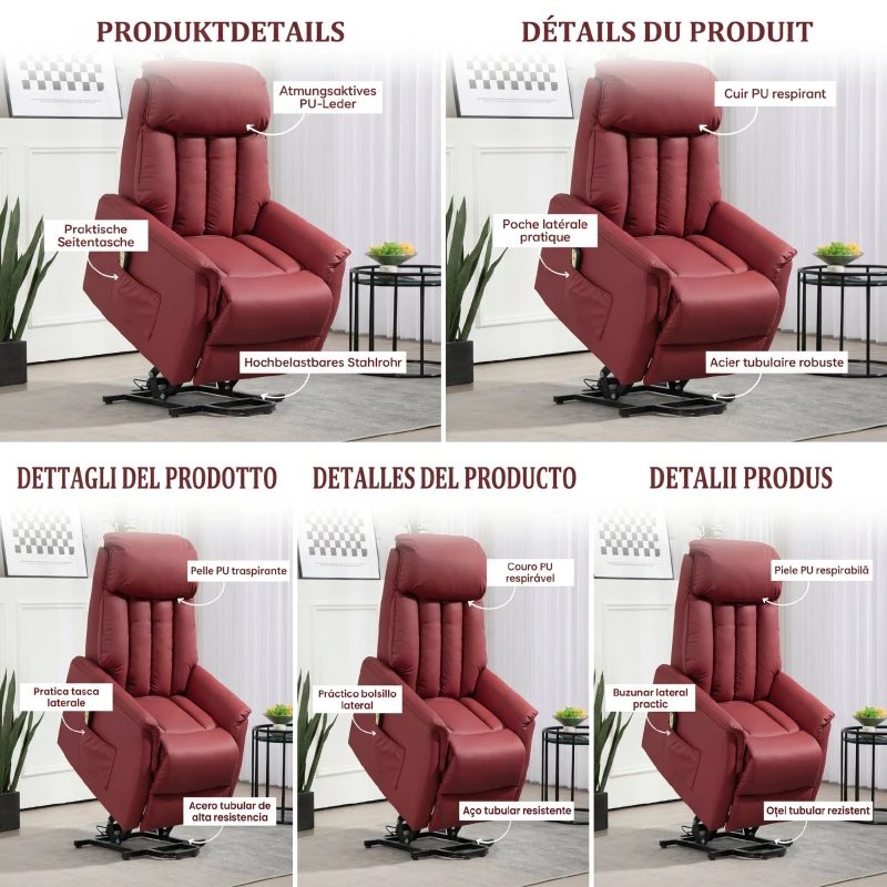 HOMCOM Fotoliu Relax Reclinabil cu Funcție de Ridicare Electrică, Telecomandă și Suport pentru Picioare, 80x94x104cm, Roșu