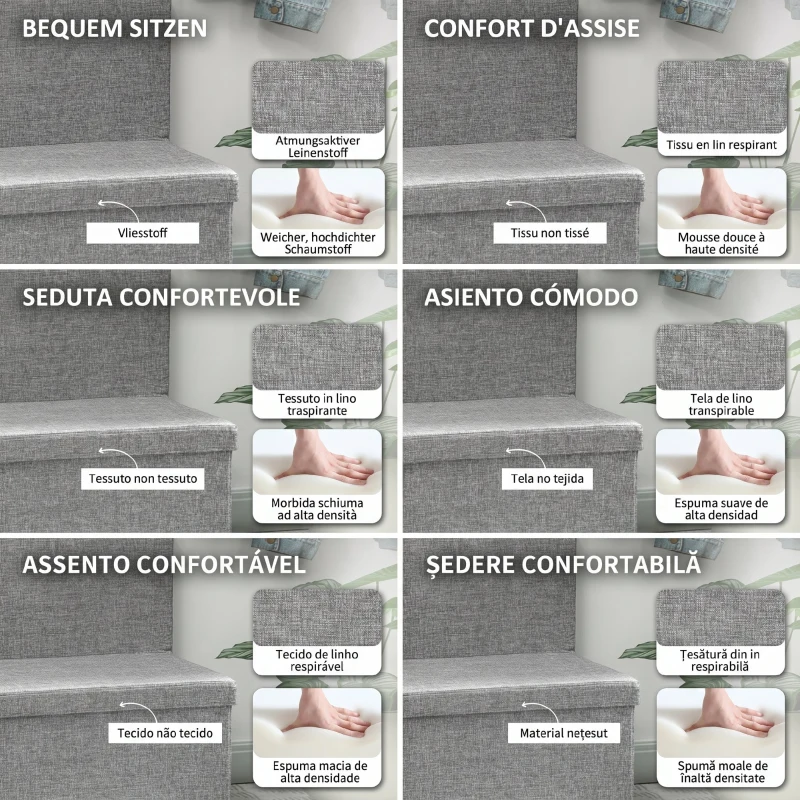 HOMCOM Bancă cu Spațiu de Depozitare Pliabilă cu Spătar și Capacitate de 77L, Tapițerie din Țesătură, 76x50x73 cm, Gri