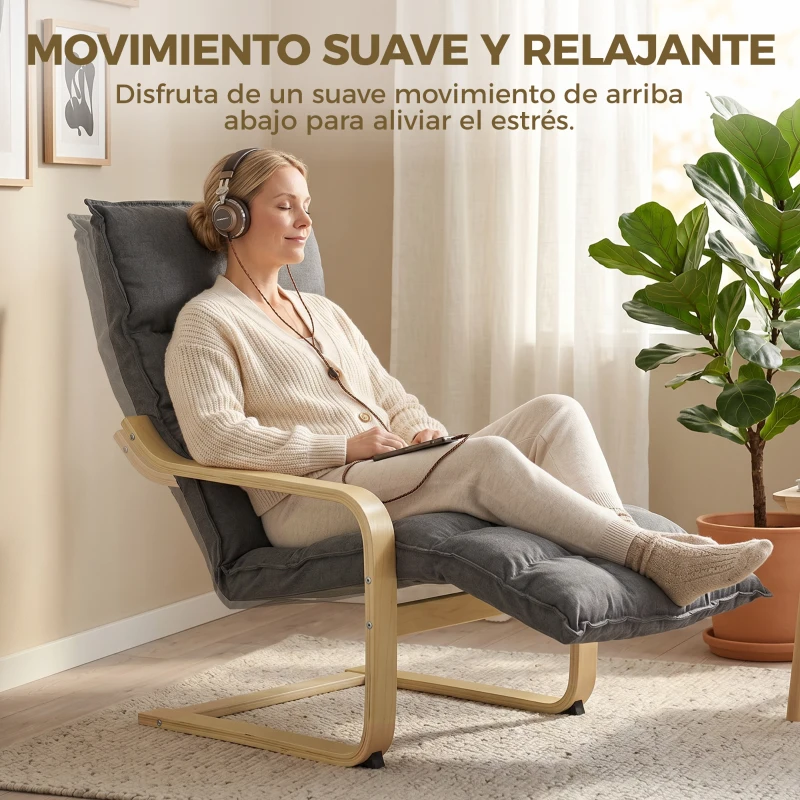 HOMCOM Butaca de Salón Tapizada en Lino con Reposapiés con Balanceo Suave Respaldo Alto Asiento Amplio Gris