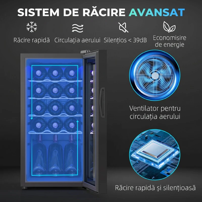 HOMCOM Frigider pentru Vin 15 Sticle, Capacitate 44L, cu Control Temperatură și Rafturi Reglabile, Negru