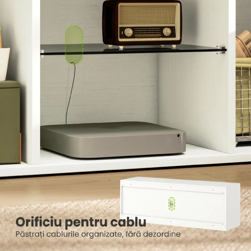 HOMCOM Mobilier TV pentru televizoare de până la 55", Suspendat sau pe Podea, Uși Soft Close, Gaura pentru Cabluri și Raft din Sticlă, Alb
