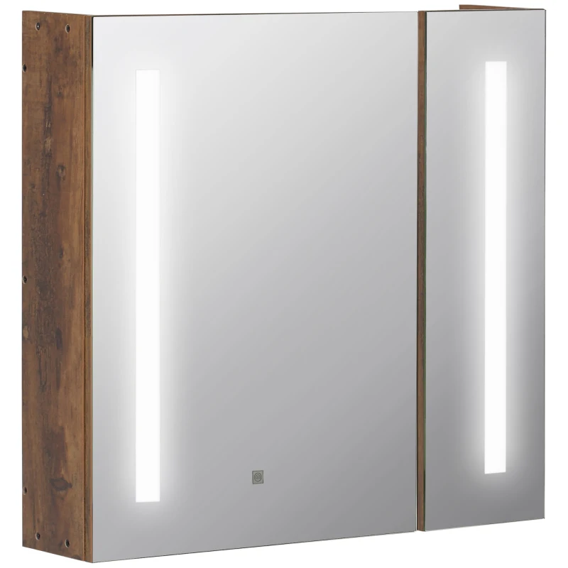 kleankin Oglindă de baie cu lumini LED reglabile, 2 uși și raft reglabil, 70x15x65cm, maro