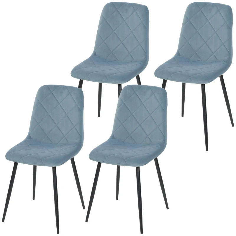 HOMCOM Set 4 Sedie per Cucina Imbottite, in Tessuto Effetto Velluto e Acciaio, 45x54x87 cm, Azzurro