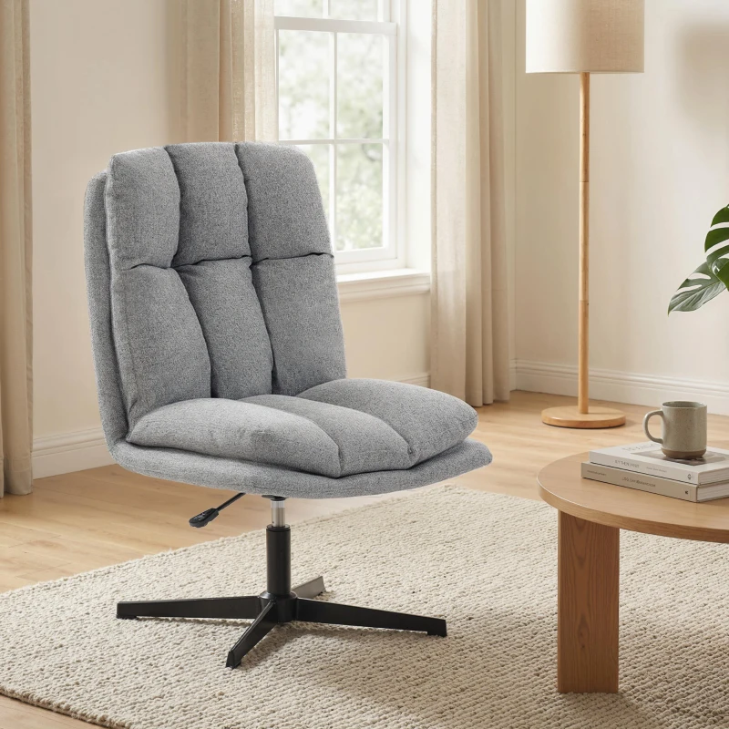 HOMCOM Sedia per Soggiorno Girevole in Tessuto Effetto Lino e Metallo, 63x75x92-102 cm, Grigio Chiaro