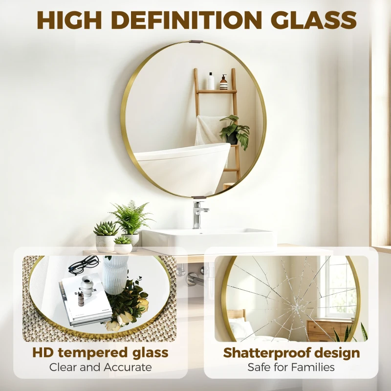 HOMCOM Round Wall Mirror 61 cm, Wall Mounted Bathroom Mirror with Tempered Safety Glass and Aluminium Alloy Frame, Gold Tone