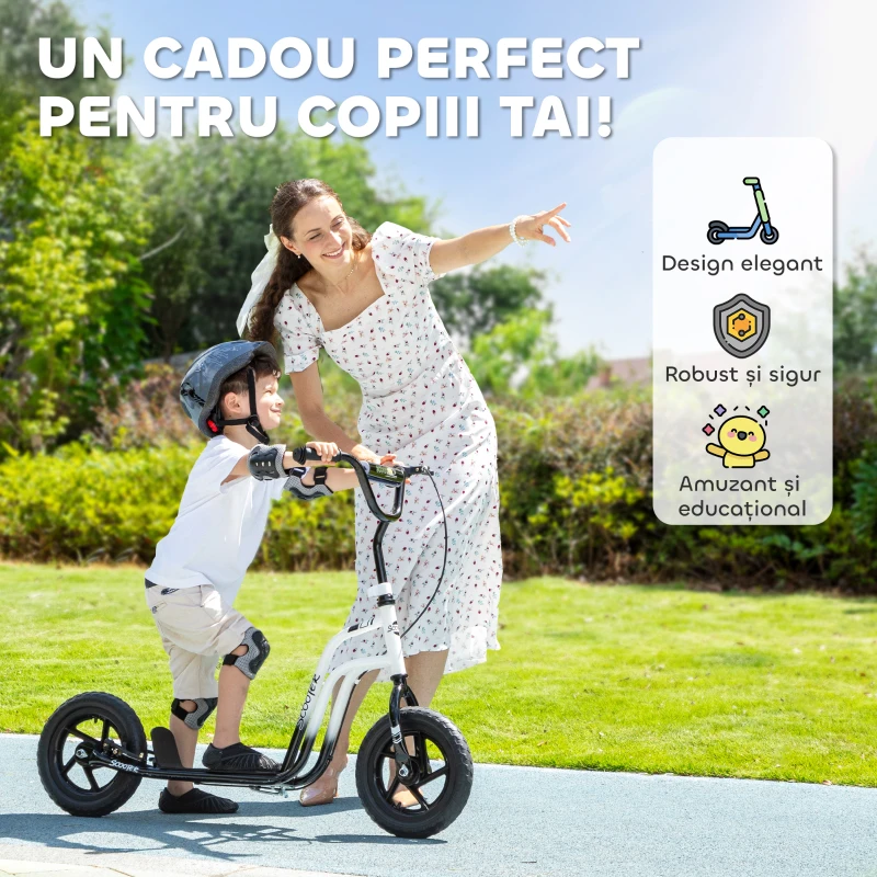 HOMCOM Trotinetă pentru copii cu vârste între 5-12 ani, cu frână, cric și ghidon reglabil, 129x52x80-88 cm, alb și negru
