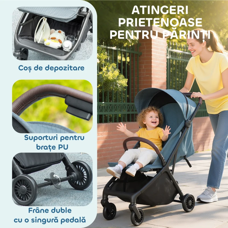 AIYAPLAY Cărucior pentru Copii cu Copertină Reglabilă și Geantă pentru Depozitare, 87x50x103 cm, Albastru și Negru