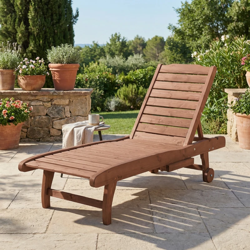 Outsunny Outdoor Wooden Lounger Chair, Sun Bed with Built-In Table, Adjustable Backrest and Wheels, Red Brown