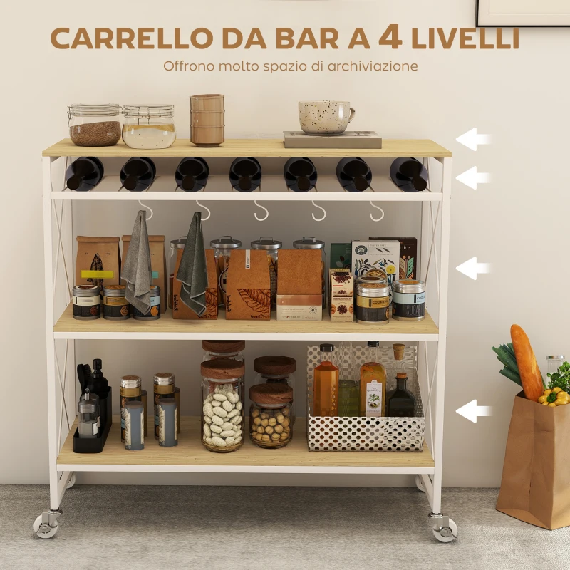HOMCOM Carrello Portavivande a 4 Livelli con Portabottiglie e 5 Ganci Rimovibili, in Legno e Metallo, 96.5x38x96.7 cm