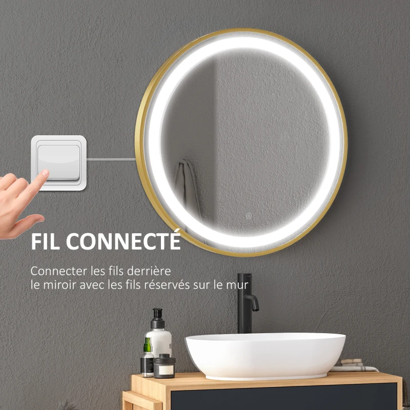 kleankin Miroir rond lumineux LED avec 3 couleurs de température, interrupteur tactile, affichage de l'heure, fonction mémoire