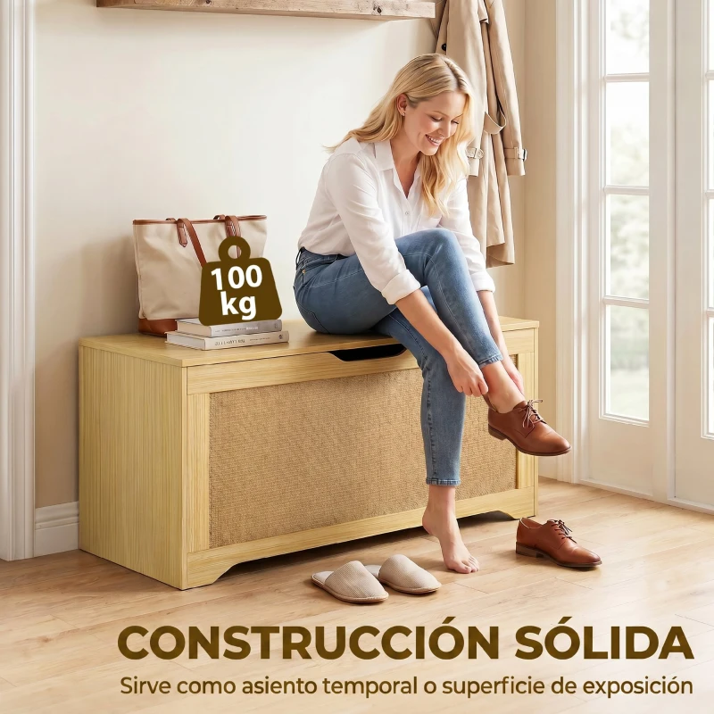 HOMCOM Baúl de Almacenaje 108L Banco de Almacenaje con Panel de Ratán Tapa Brazos de Soporte para Recibidor 80x40x45cm Roble