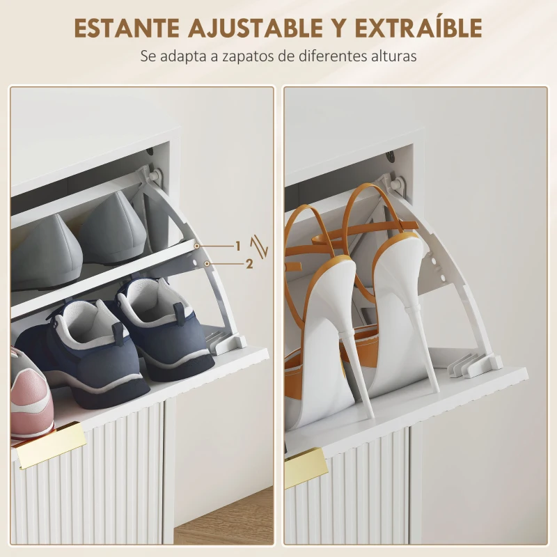 HOMCOM Zapatero Estrecho con 4 Puertas Acanaladas con Estantes Ajustables para 20 Pares de Zapatos 105x24x91,5 cm Blanco