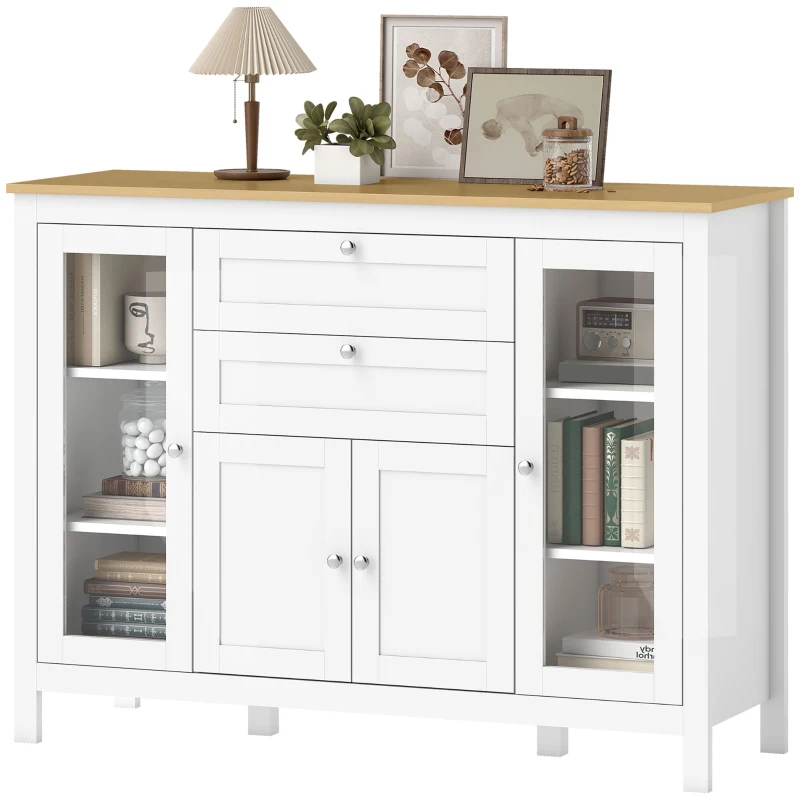 HOMCOM Mobile Cucina con 2 Cassetti e 3 Armadietti, Ante in Vetro e Ripiani Regolabili, 120x40x90 cm, Bianco e Rovere