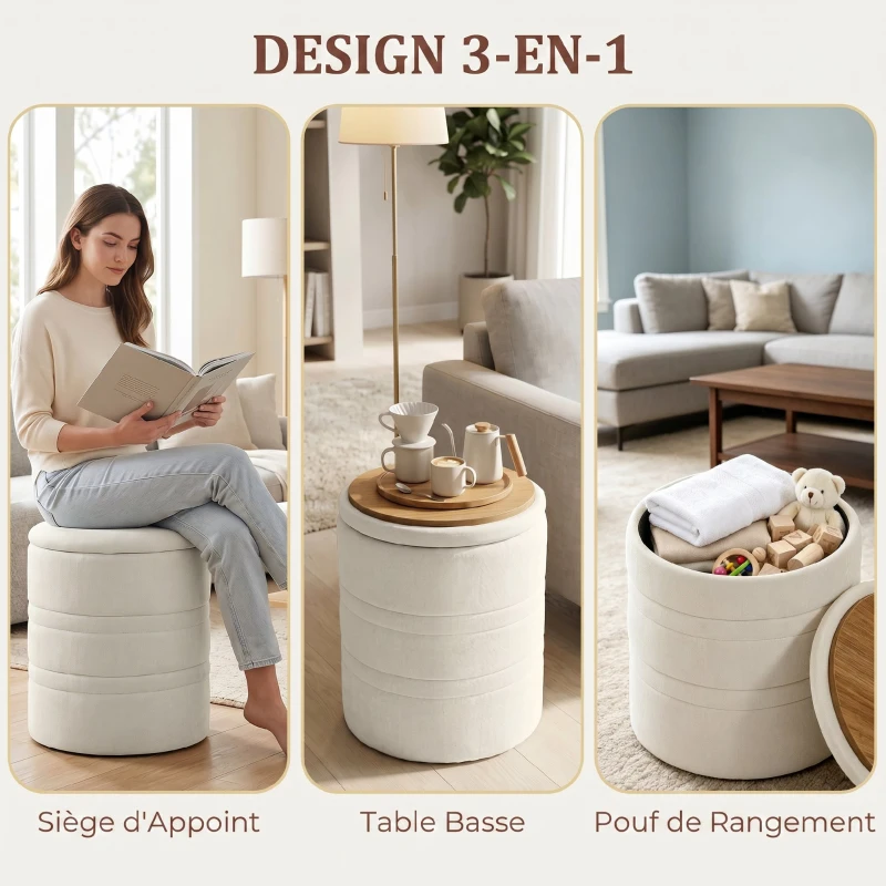 HOMCOM Pouf de Rangement en Chenille avec Couvercle, Tabouret Rond pour Salon et Chambre, Beige