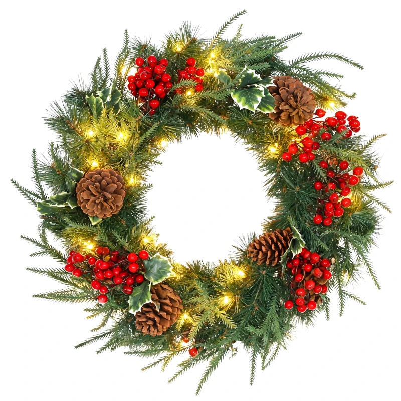 HOMCOM Couronne de Noël lumineuse 60 cm avec 35 LED, minuterie, 170 pointes, pommes de pin, baies, feuilles de houx, vert