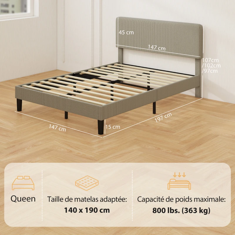HOMCOM Cadre de lit 140 x 190 cm, sommier à lattes en bois, tête de lit réglable, lit double rembourré en velours côtelé, gris