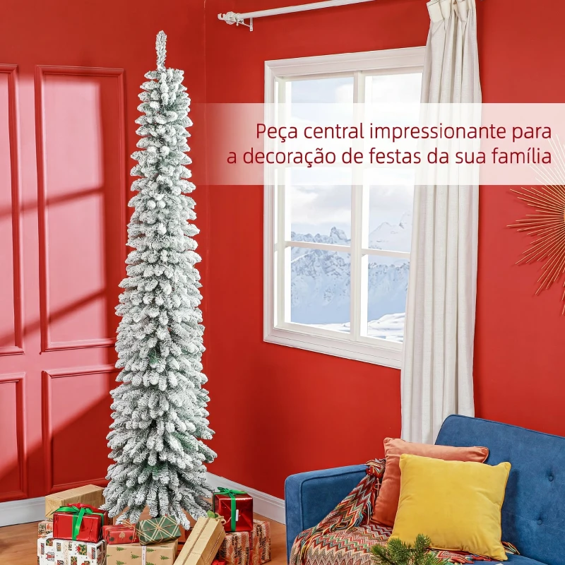 HOMCOM Árvore de Natal Estreita Nevada 240 cm com 603 Ramos e Suporte Metálico Dobrável para Sala de Estar, Interior, Verde