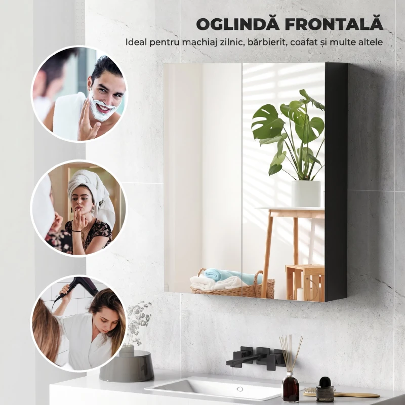 HOMCOM Armadietto Pensile Bagno 2 Ante con Specchiera e 2 Ripiani Interni in MDF, 60x15x75 cm, Nero