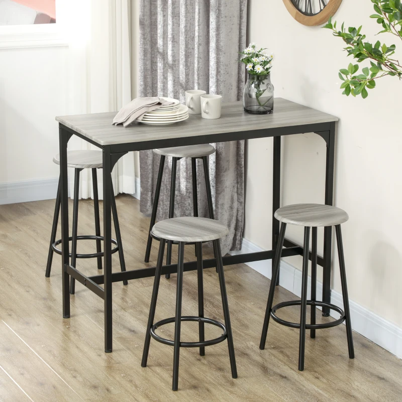 HOMCOM Set de Masă 5 Piese cu Tejghea de Bar 110x50x89,5 cm și Scaune Ø30x60,5 cm din Lemn și Metal Gri și Negru