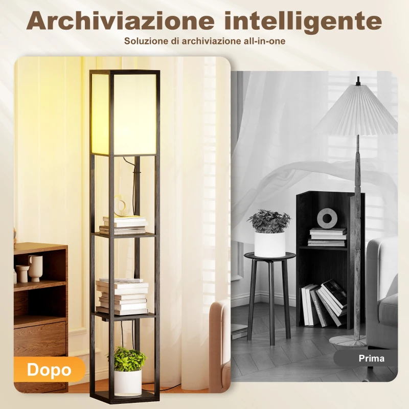 HOMCOM Lampada da Terra con Ripiani, Luce Regolabile, Interruttore a Pedale e Porte USB, Nero