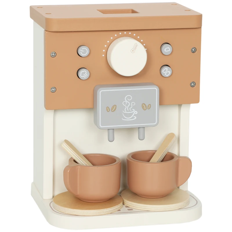 AIYAPLAY Set Mașină de Cafea din Lemn pentru Copii de la 3 Ani cu Accesorii, Maro